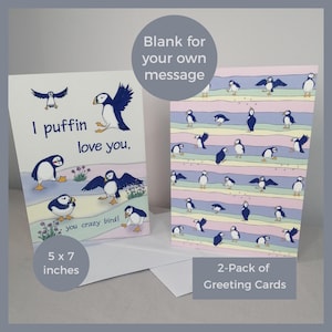 Biglietti d'auguri Puffins, confezione da 2 / Divertenti, sfacciati, giocosi "I Puffin Love You!" / Illustrazione della natura disegnata a mano / Spazio vuoto per il tuo messaggio
