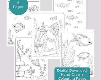 Tropical Fish Coloring Pages: Hand-Drawn Relaxation Activity (5 Printable Sheets) (Digital Download)