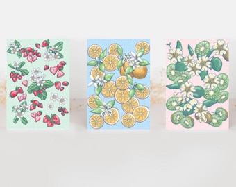 Hand-Drawn Fruit Greeting Cards: Oranges, Strawberries, Kiwi - Pack of 3