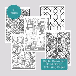 Puede incluir: Cinco páginas para colorear geométricas en blanco y negro. Las páginas presentan diferentes patrones, incluidos cuadrados, rectángulos y hexágonos. El texto "Descarga digital Páginas para colorear dibujadas a mano" está en la parte inferior de la imagen.