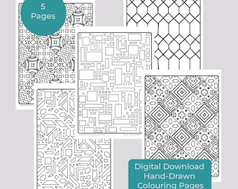 Geometric Coloring Pages: 5 Hand-Drawn Designs (Digital Download)