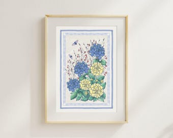 Blue Hydrangeas and Yellow Roses Summer Blooms Giclée Art Print