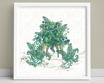 Winter Chair Flowers Art Print: Botanical Holly, Ivy, Ferns