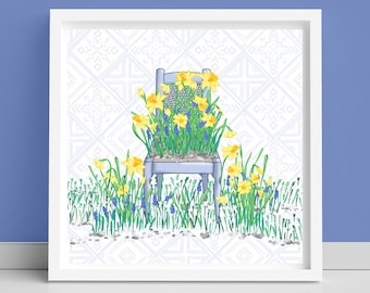 Spring Flowers Chair Art Print: Botanical Illustration, Daffodils and Hyacinths