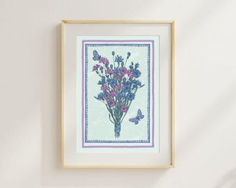 Cornflower Posy Giclée Art Print, Hand-Drawn Floral Illustration