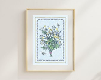 Buttercup and Wildflower Posy Giclée Art Print, Hand-Drawn Floral Illustration