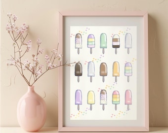 Ice Cream Lolly Giclée Print: Hand-Drawn Pastel Children's Room Decor