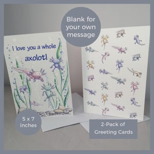 Biglietti di auguri Axolotl, confezione da 2 / Carini e giocosi "Ti amo un intero Axolotl!" / Illustrazione della natura disegnata a mano / Spazio vuoto per il tuo messaggio