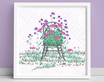 Summer Chair Flowers Art Print: Pink Cosmos & Purple Verbena Botanical Illustration