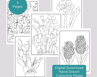 Spring Flowers Coloring Pages: 5 Hand-Drawn Floral Designs (Digital Download)