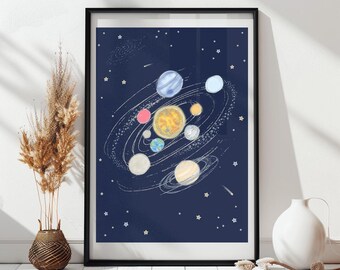 Solar System Art Print: Hand-Drawn Planets, Stars & Comets