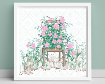 Late Summer Chair Flowers Art Print: Pink Anemone Botanical Illustration