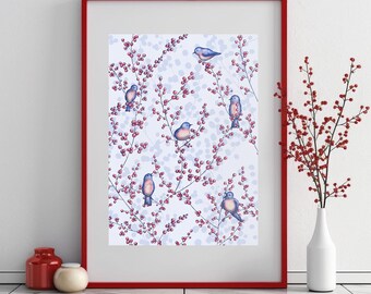Bluebirds on Winterberry Branches Art Print: Whimsical Nature Illustration