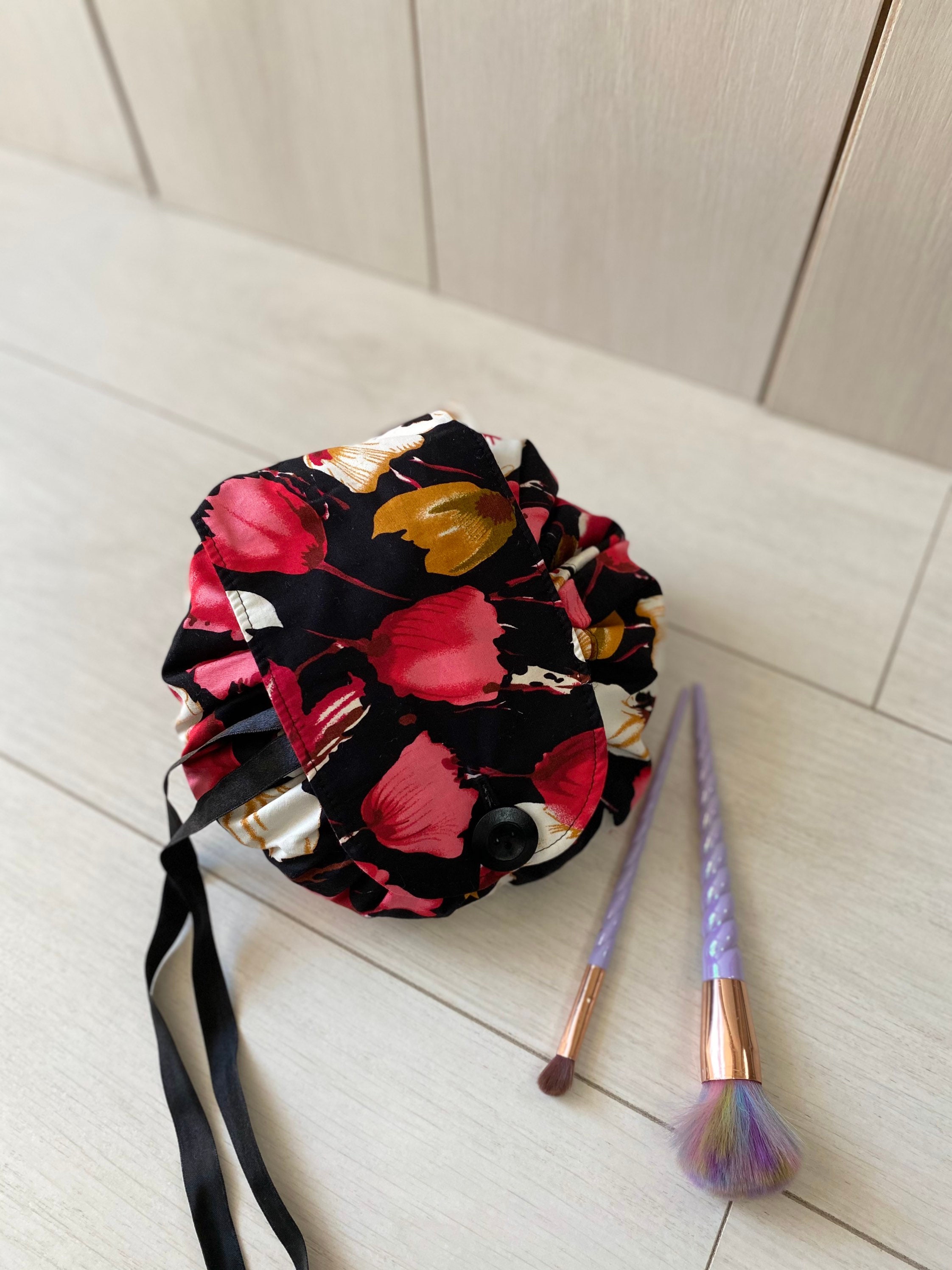 Round Drawstring Bag Make up bag Make up organizer Cosmetic Etsy