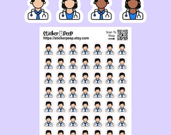 May include: A sticker sheet featuring multiple small doctor icons with stethoscopes, arranged in a grid. The top section displays four larger individual doctor stickers with diverse skin tones. Text includes Sticker Peep, the URL, and a QR code.