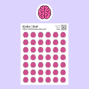 May include: A sticker sheet featuring forty-two individual circular stickers, each displaying a pink brain illustration with black outlines. The top of the sheet includes the text Sticker Peep, the URL https://stickerpeep.etsy.com, and a QR code.
