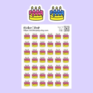May include: A sticker sheet featuring forty-two individual die-cut stickers of birthday cakes with three lit candles. The cakes have yellow bases and pink or blue frosting. The sheet includes the text Sticker Peep, https://stickerpeep.etsy.com, and a QR code.