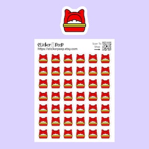 May include: A sticker sheet featuring forty-two individual die-cut stickers of a red cat-eared bowl with white contents. The sheet includes the text Sticker Peep, the URL https://stickerpeep.etsy.com, and a QR code labeled Scan To Shop.