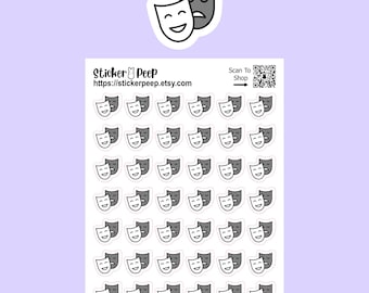May include: A sticker sheet featuring forty-two individual die-cut stickers of comedy and tragedy masks in black and white. The top of the sheet displays the text Sticker Peep, the URL https://stickerpeep.etsy.com, and a QR code for scanning.