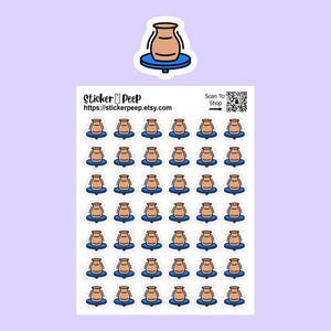 May include: A sticker sheet featuring forty-two individual die-cut stickers of a tan pottery vase on a blue potter's wheel. The top of the sheet displays the text Sticker Peep, the URL https://stickerpeep.etsy.com, and a QR code labeled Scan To Shop.
