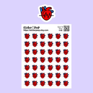 May include: Sheet of stickers featuring a red heart with blue veins and a heartbeat line. The stickers have a white border. The text "Sticker Peep" and a website address are printed on the sheet. A QR code is also present.