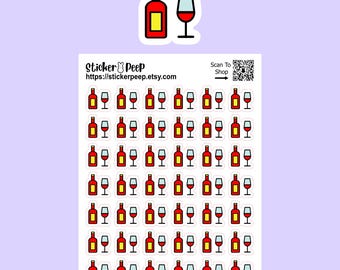 May include: A sticker sheet featuring multiple rows of small red wine bottle and glass icons with yellow labels. The top of the sheet displays the text Sticker Peep, the URL https://stickerpeep.etsy.com, and a QR code labeled Scan To Shop.