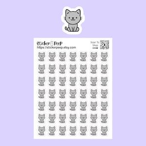 May include: A sticker sheet featuring forty-nine identical small gray cat stickers with black outlines. The top of the sheet displays the text Sticker Peep, the URL https://stickerpeep.etsy.com, and a QR code labeled Scan To Shop.