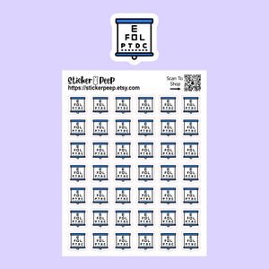 May include: A sticker sheet featuring thirty-six individual eye chart stickers, each with a blue frame and black letters E, FOL, and PTDC. The sheet includes the text Sticker Peep, the URL https://stickerpeep.etsy.com, and a QR code for scanning.