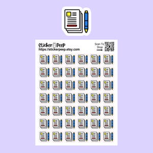May include: A sticker sheet featuring forty-two individual die-cut stickers of a document stack and a blue pen. The top of the sheet displays the text Sticker Peep, the URL https://stickerpeep.etsy.com, and a QR code labeled Scan To Shop.
