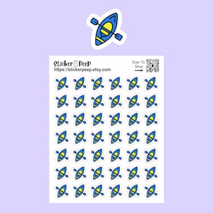 May include: A sticker sheet featuring forty-eight individual die-cut stickers of a blue kayak with a yellow cockpit and a paddle. The top of the sheet displays the text Sticker Peep, the URL https://stickerpeep.etsy.com, and a QR code for shopping.