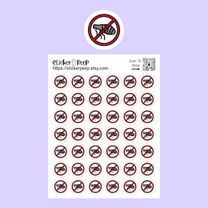 May include: Sheet of round stickers with a red circle and a flea crossed out with a red line. The stickers have a white background. The text "Sticker Peep" and a website address are printed on the sheet.