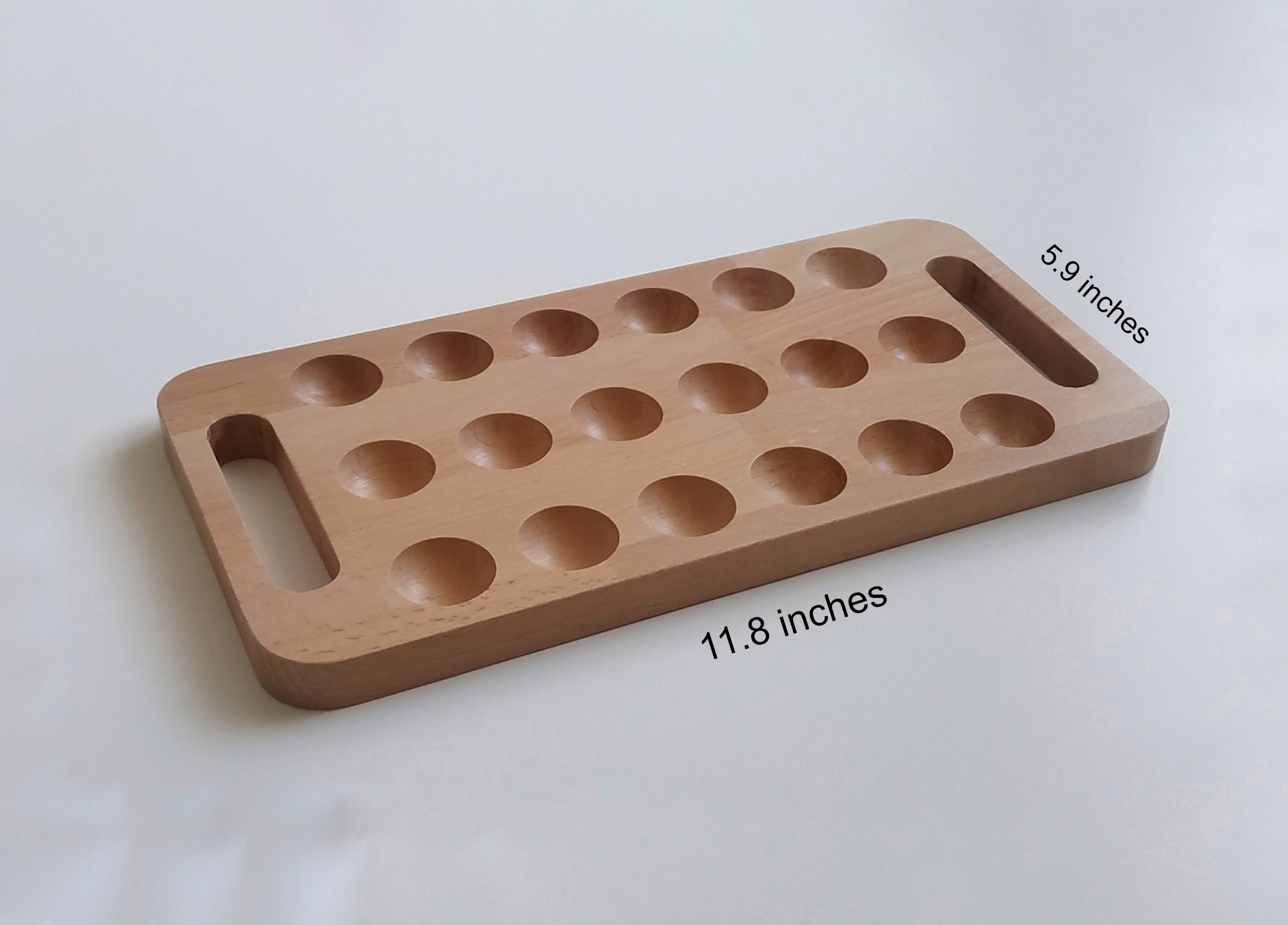 Rustic Wooden Egg Holder Tray With Handles for 18 Quail Eggs Serving