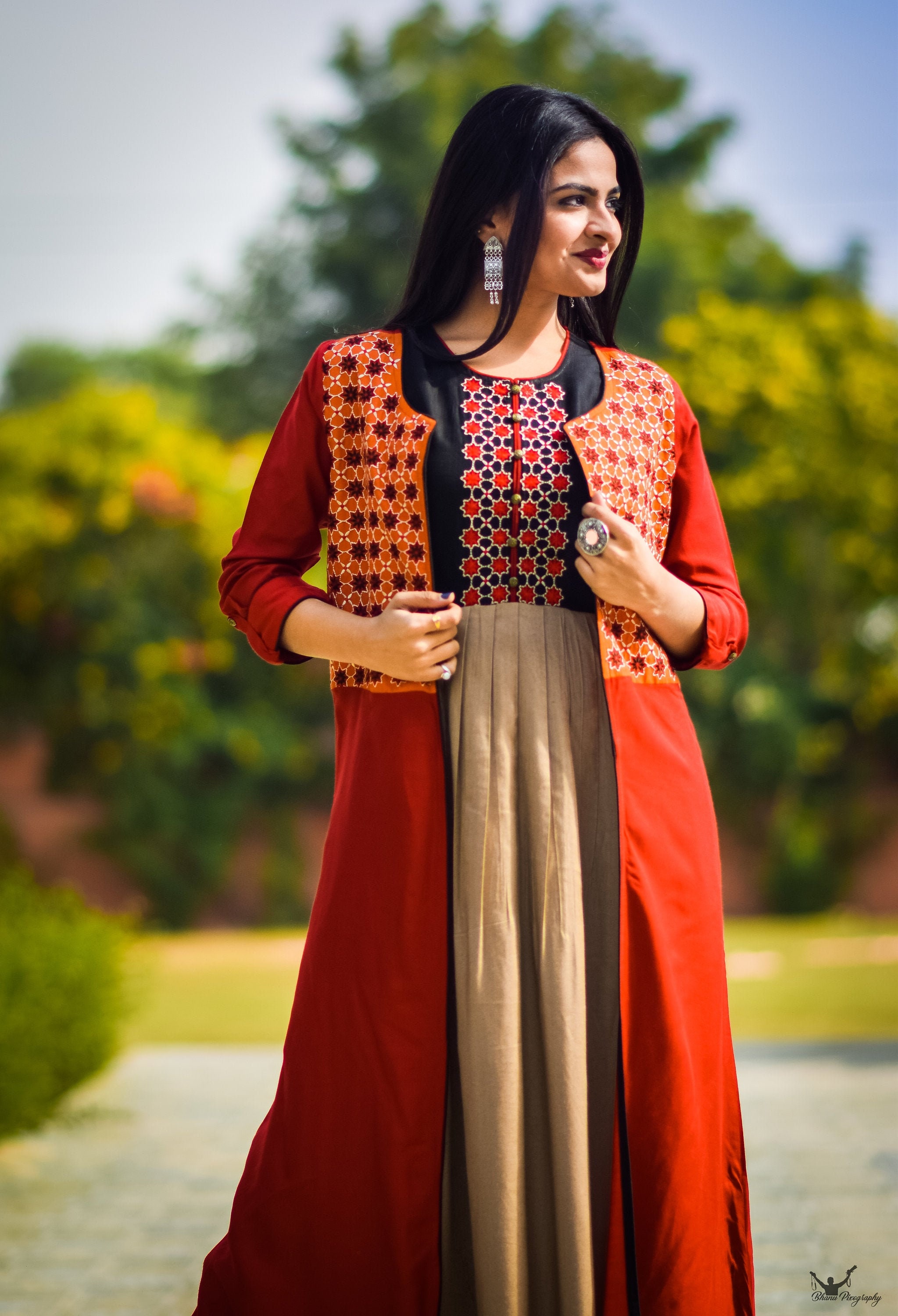Embroidery Jacket Style Round Kurti In Blue