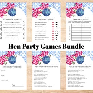 Pode incluir: Um conjunto de seis jogos para despedida de solteira. Cada cartão de jogo apresenta um design de bola de discoteca azul com detalhes florais rosa. Os jogos incluem "Would She Rather?", "Bride or Groom?" e "Name That Song".