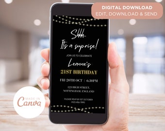 Può includere: Un invito digitale nero e dorato con luci a catena. L'invito recita "Shh... È una sorpresa! Unisciti a noi per festeggiare il 21° compleanno di Leanne. Ven 20 ott. | 18:30 123 High Street, Nottingham, Inghilterra. Si prega di confermare la propria presenza entro il 1° ottobre 0123-456-7890."