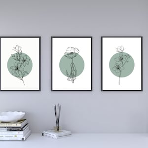 Set of 3, Sage Green Flower Line Prints | Digital Prints, Wall Art, Home Decor, Home Print, Floral Prints, Living Room Prints