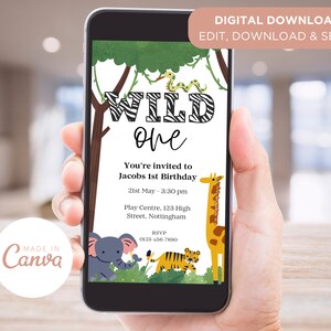 Safari Theme 1st Birthday Digital Invite Template, Editable Canva Evite with Instant Download, Kids Party Invitation, Customisable Phone