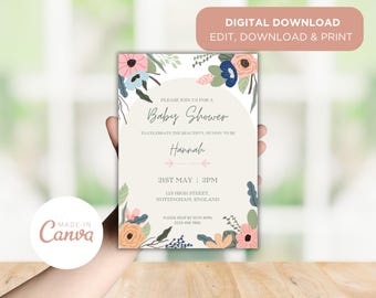 Floral Baby Shower Invitation, Editable Invitation Template, Digital Download Invite, 5x7 Instant Print