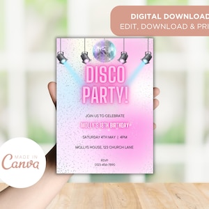 Disco Party Digital Invitation Template, Birthday Disco Invite, Disco Ball, Editable Canva Invite Template, Dance Party
