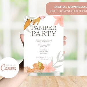 Pamper Party Digital Invitation Template, Birthday Invite, Printable Invite, Editable Canva Template, Girls Beauty Party, Girly Pamper Party