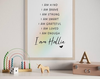 Kids Positive Affirmations Personalised Print, Rainbow Nursery Decor, Kids Bedroom Wall Art
