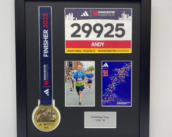 Manchester Marathon 2023/24 medal frame with map, running bib, times, photo DIY frame. Easy to insert your running medal into custom frame