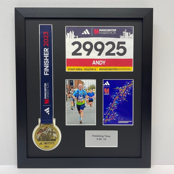 Manchester Marathon 2023/24 medal frame with map, running bib, times, photo DIY frame. Easy to insert your running medal into custom frame