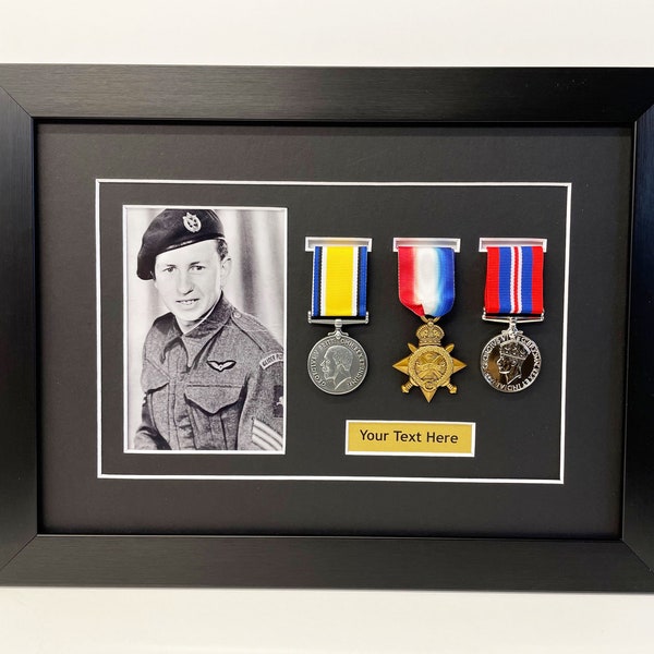 Military War Medal Display Frame For 3 medal,  6" x 4" Photo and Title, Ideal for WW1 and WW2 war medals, Frame overall size is 41cm x 31cm