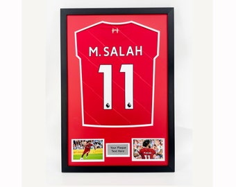 DIY ready made football shirt frame for your adult football signed shirt frame with red mount and  2 x 6" x 4" photos and metal text plaque