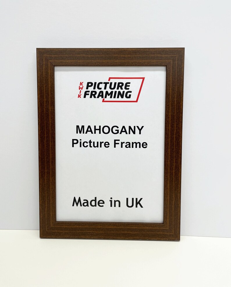 May include: A mahogany picture frame with the text "KWIK PICTURE FRAMING" and "MAHOGANY Picture Frame" and "Made in UK".
