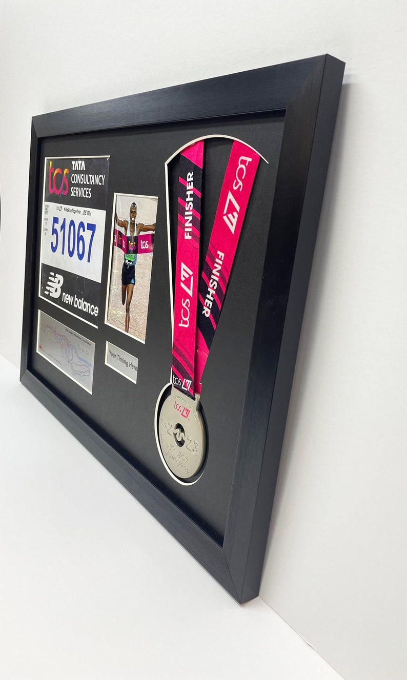 london marathon 2023/24 medal display frame with running bib, map, photo and title in black frame with white mount, DIY display frame image 3