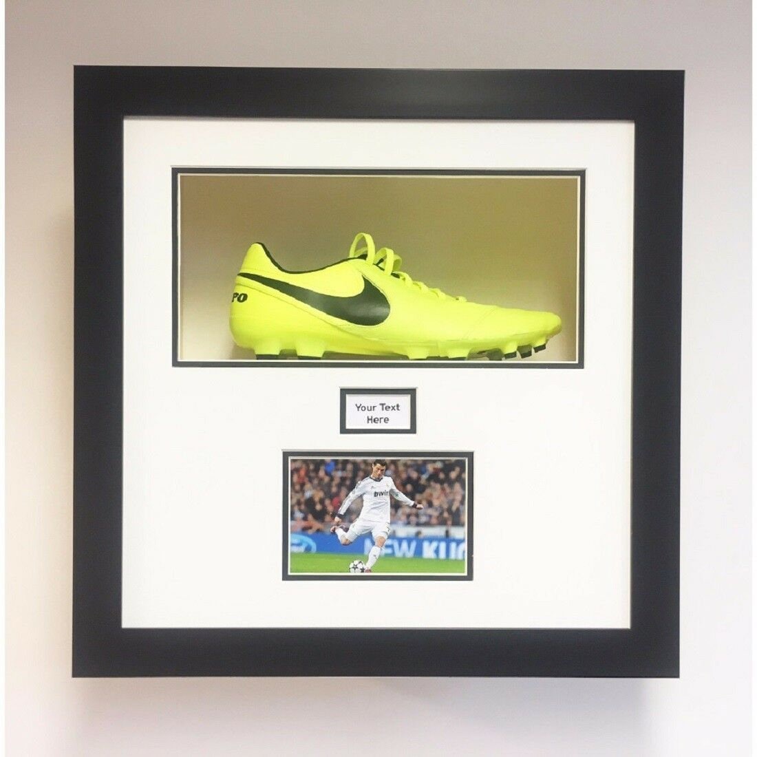 Football Boot Display Case 3D Box Frame With Title and 1 X 6 X 4 Photo White Mount Black Frame