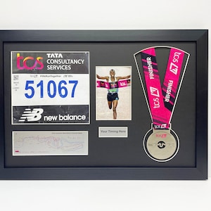 london marathon 2023/24 medal display frame with running bib, map, photo and title in black frame with white mount, DIY display frame image 1