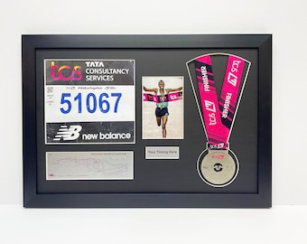 london marathon 2023/24 medal display frame with running bib, map, photo and title in black frame with white mount, DIY display frame